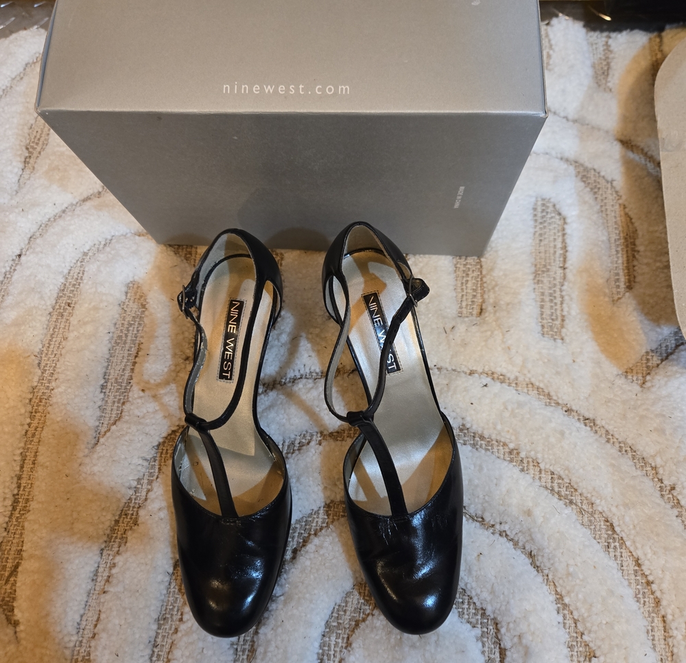 Nine West Black T-Strap Leather Heels